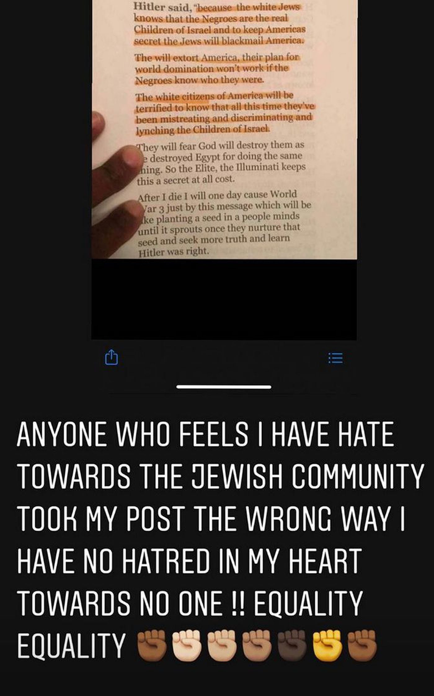 A screenshot of a passage of text shared by Eagles wide receiver DeSean Jackson expressing anti-Semetic views falsely attributed to Adolf Hitler.