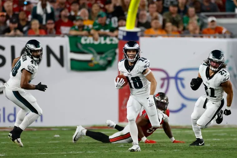 Philadelphia Eagles wide receiver Britain Covey (18) has a big punt return in the first quarter against the Tampa Bay Buccaneers at Raymond James Stadium in Tampa, FL on Sept. 25.