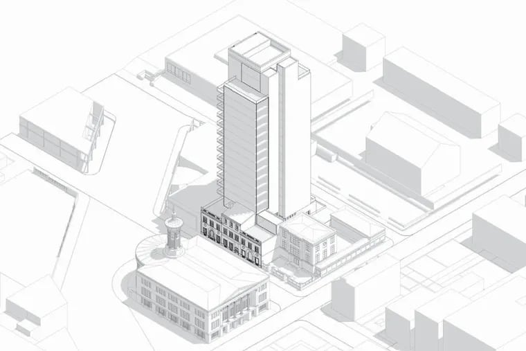 Artist's rendering of plans for condo tower incorporating the facade of the Nelson Building in Society Hill.
