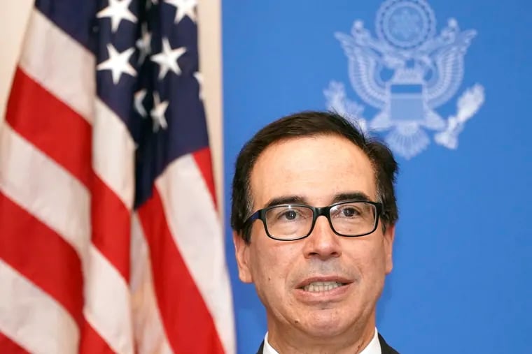 U.S. Treasury Secretary Steven Mnuchin speaks to media at the venue of G20 Finance Minister and Central Bank Governors Meeting Saturday, June 8, 2019, in Fukuoka, western Japan.