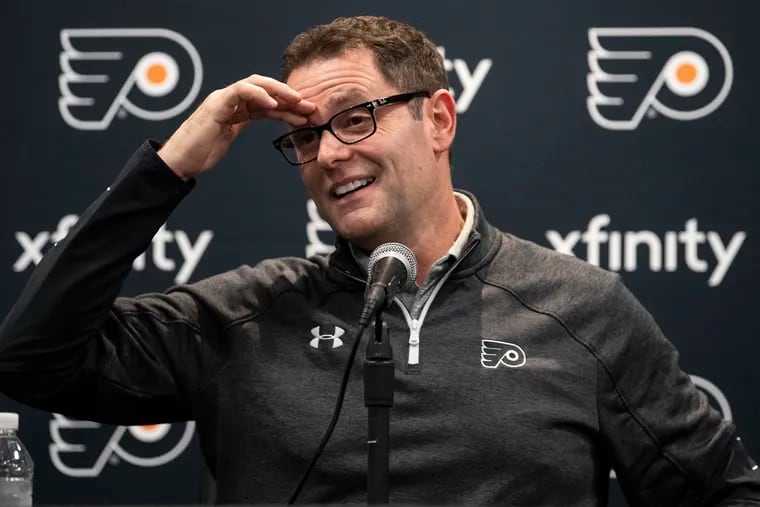 Scott Gordon, then the Flyers' interim coach, addresses the media on April 8, 2019. He and the organization parted ways Tuesday.