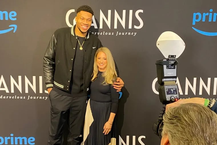 Kristen Lappas with Giannis Antetokounmpo at the premiere for the film she directed about his life.