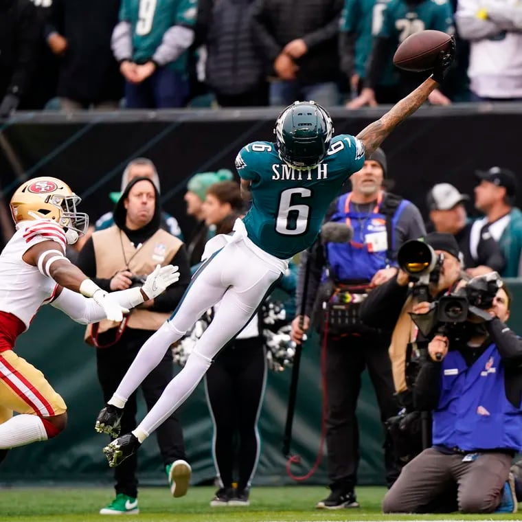 Philadelphia Eagles wide receiver DeVonta Smith (6) makes a catch during the first half of the NFC Championship NFL football game between the Philadelphia Eagles and the San Francisco 49ers on Sunday, Jan. 29, 2023, in Philadelphia.