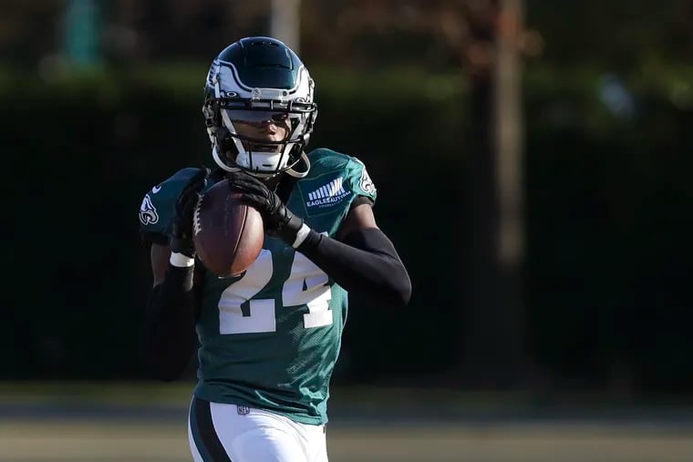 Philadelphia Eagles cornerback James Bradberry runs drills during practice at the NovaCare Complex ahead of Monday's Super Bowl rematch against the Kansas City Chiefs.