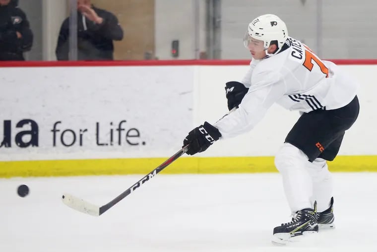 Noah Cates on ice at the Flyers' development camp in 2019.