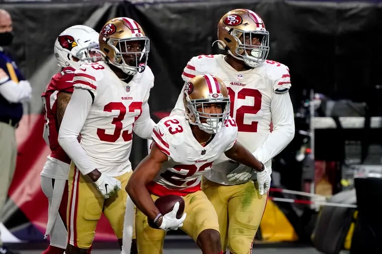 San Francisco 49ers cornerback Ahkello Witherspoon (23) celebrated his interception against the Arizona Cardinals during the second half of an NFL football game Dec. 26 in Glendale, Ariz.
