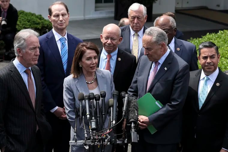 House Speaker Nancy Pelosi and Senate Minority Leader Chuck Schumer speaks to members of the media after a meeting on infrastructure with President Donald Trump, on April 30, 2019, at the White House in Washington, DC.
 (Oliver Contreras/SIPA USA/TNS)