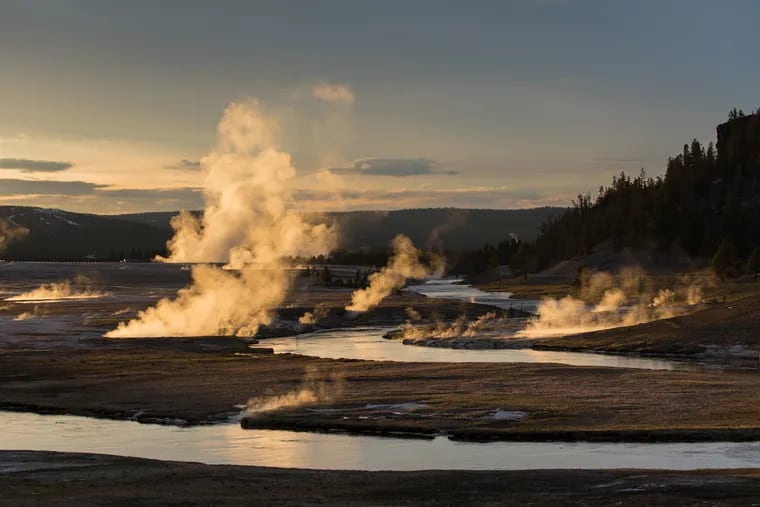 Yellowstone National Park. Midway Geyser Basin at sunset.