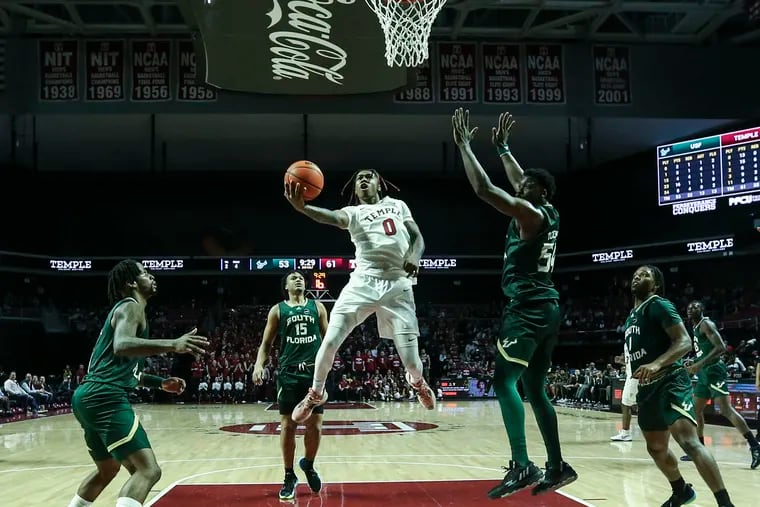 Temple Khalif Battle goes up for a shot against South Florida during the 2nd 1half at The Liacouras Center in Philadelphia  Wednesday, January 25, 2023  Temple beat South Florida in overtime 79-76
