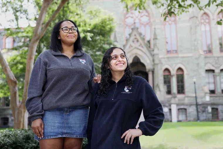 University of Pennsylvania senior Mercedes Owens (left) and junior Mary Sadallah, both first-generation college students, stand for a portrait on the school's campus in West Philadelphia on Friday, Sept. 18, 2020. Owens was elected as student body president, while Sadallah was elected vice president.