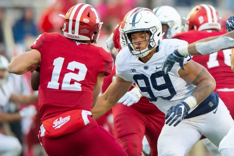 Penn State defensive end Yetur Gross-Matos (99) closing in on Indiana quarterback Peyton Ramsey (12) during the teams' October 2018 meeting.