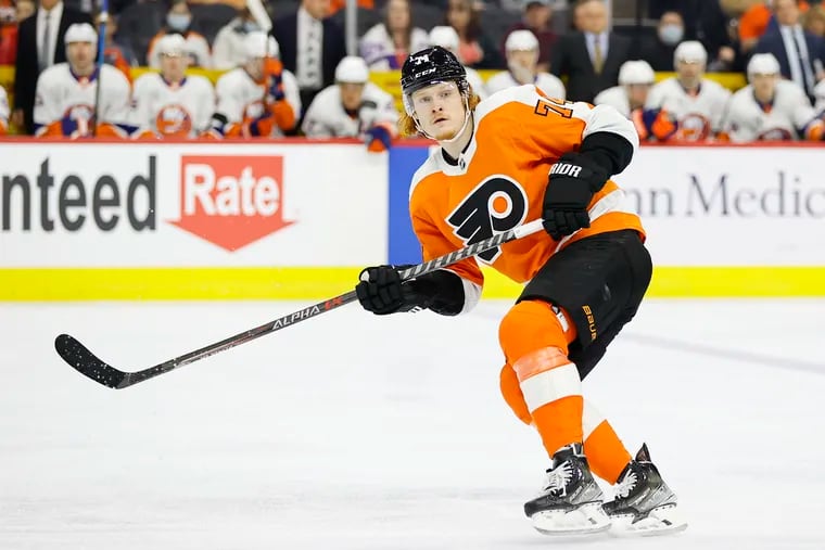 Flyers right wing Owen Tippett skates against the New York Islanders.