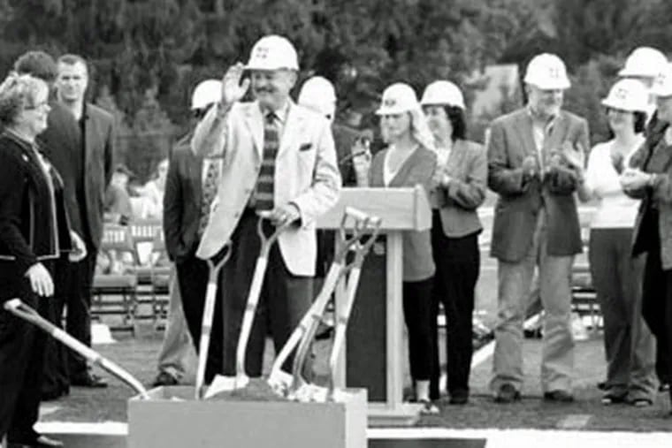Norton Seaman (center), interim principal of Lower Merion High, presides over groundbreaking for the new Harriton High. Seaman has been retired since 1998, but collecting a pension and a salary since 2002. (The Merionite)