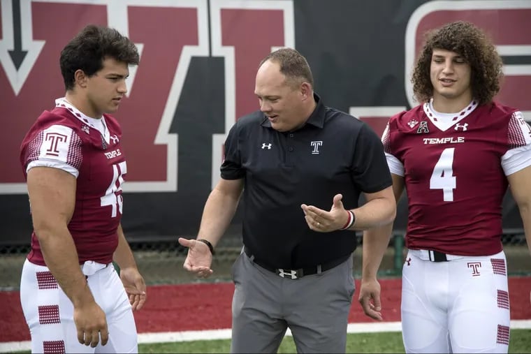 Temple fullback Rob Ritrovato (45)  scored his first career touchdown Saturday.  Pictured is Ritrovato, coach Geoff Collins, and fellow fullback Nick Sharga at Temple’s media day on July 31.