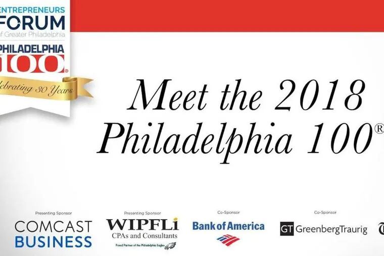 The Entrepreneurs' Forum of Greater Philadelphia and The Inquirer announced the 2018 Philadelphia 100 Award winners. The Philadelphia region's fastest-growing privately-held companies will be feted on Oct. 25, from 5:30–9:00 p.m., at the Crystal Tea Room in the Wanamaker Building.