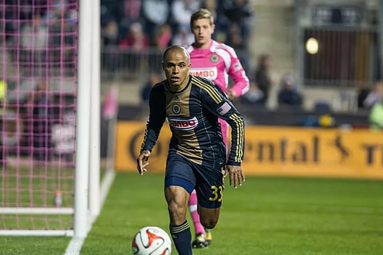 Philadelphia Union defender Fabinho (33) chases the ball during the first half of the match against the Columbus Crew at PPL Park. (John Geliebter/USA Today)