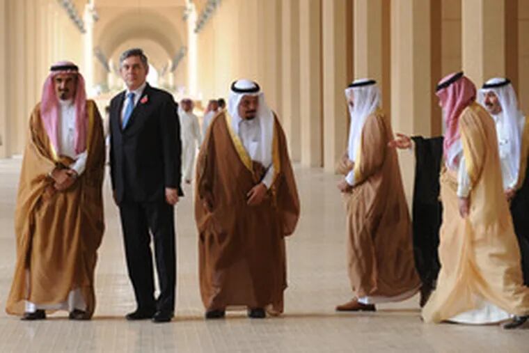British Prime Minister Gordon Brown (second from left) visits King Saud University in Riyadh accompanied by faculty members. Yesterday&#0039;s tour was part of his two-day visit to Saudi Arabia. He also had a three-hour meeting with Saudi Arabia&#0039;s King Abdullah late Saturday.
