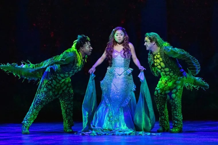 Disney's "The Little Mermaid" at Walnut Street Theatre, with (left to right) Jesse Jones as Jetsam, Diana Huey as Ariel, and Adam Hoyak as Flotsam.