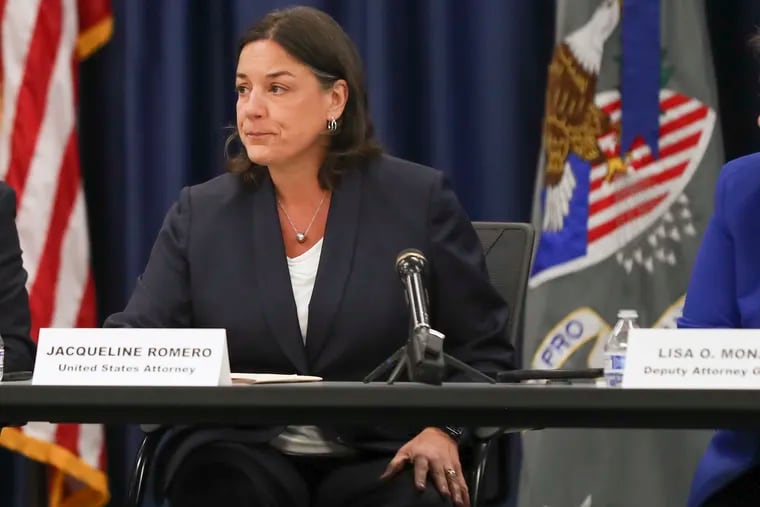 Jacqueline Romero, the U.S. Attorney for the Eastern District of Pennsylvania, and other federal prosecutors recently settled a lawsuit with several Pennsylvania county courts over the prohibition of opioid addiction medication in drug courts. She is shown at a 2022 meeting at the U.S. Attorney’s office in Philadelphia.
