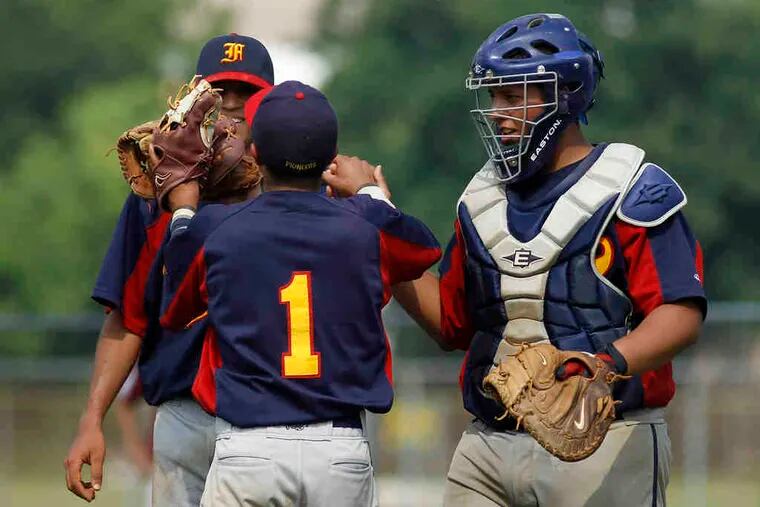 Frankford players (from left) Brandon Gonzalez, Ricky Alvarez, and Eduardo Sanchez celebrate their team's 9-3 victory over Central in a Public League baseball semifinal. Frankford advanced to the championship game for the eighth time in nine years.
