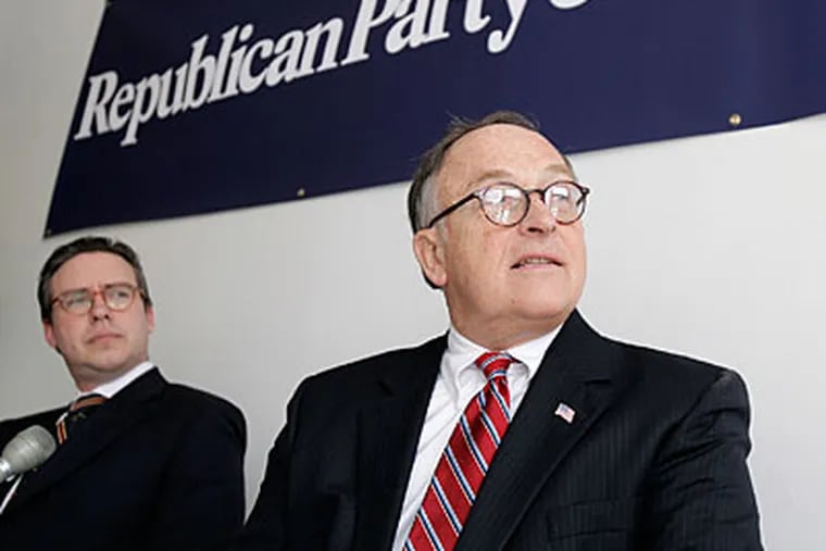 Al Schmidt (left),  state Republican Party’ s senior adviser for Philadelphia, and Rob Gleason, state GOP chairman, at a news conference on Feb. 9. (David Maialetti / Staff)