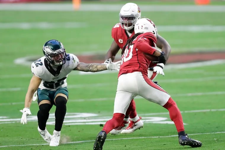 Eagles safety Marcus Epps tries to get a hand on Arizona Cardinals wide receiver DeAndre Hopkins during the third quarter on Sunday.