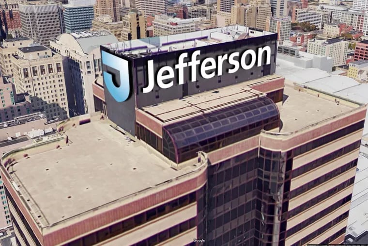 Composite image showing Jefferson logo atop Aramark's soon-to-be-former 1101 Market St. headquarters building.