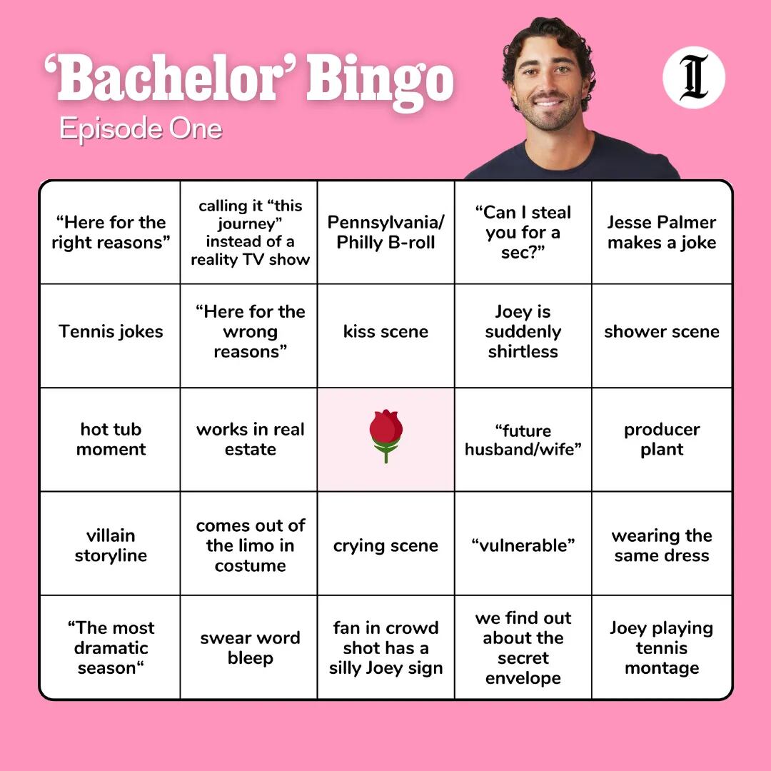 This season of ABC's 'The Bachelor' stars Joey Graziadei of Collegeville. We've made a bingo card to follow along with the first episode.