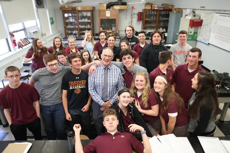 With his sophomore chemistry class, Bob Nark, Jason Nark's father retires from his alma mater, Gloucester Catholic, after 48 years as a chemistry teacher, Friday June 8, 2018. DAVID SWANSON / Staff Photographer