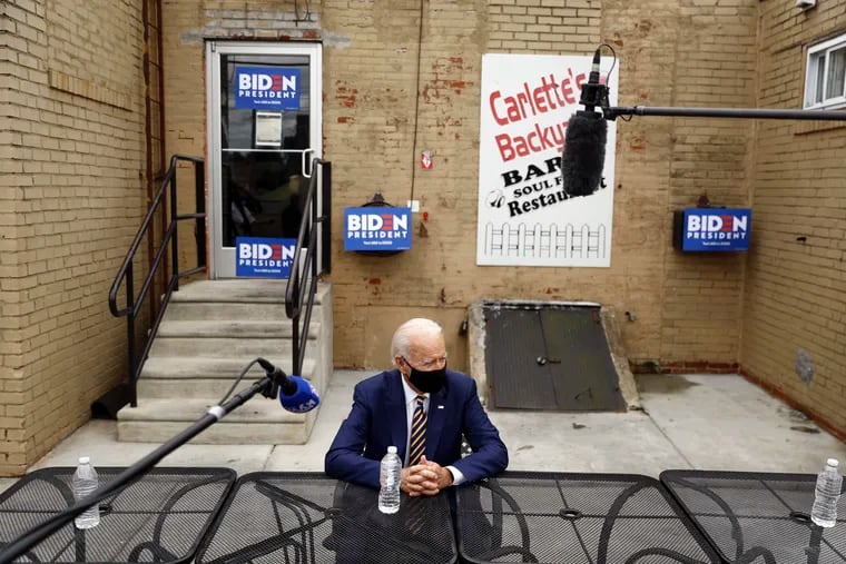 Democratic presidential candidate Joe Biden meets with with small business owners at Carlette's Hideaway, a soul food restaurant in Yeadon, Pa., on June 17, 2020.