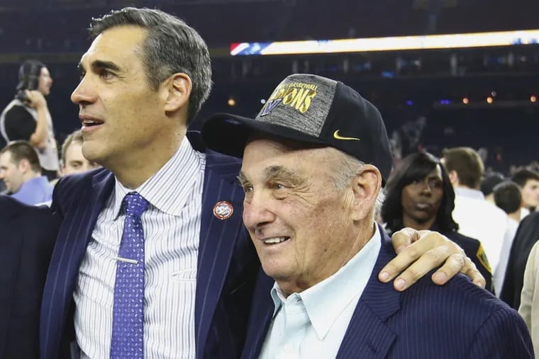 Head Coach Jay Wright, left, of Villanova with former coach Rollie Massimino  after their 77-74 victory over North Carolina in the NCAA Men’s Basketball Championship at NRG Stadium in Houston on April 4, 2016.