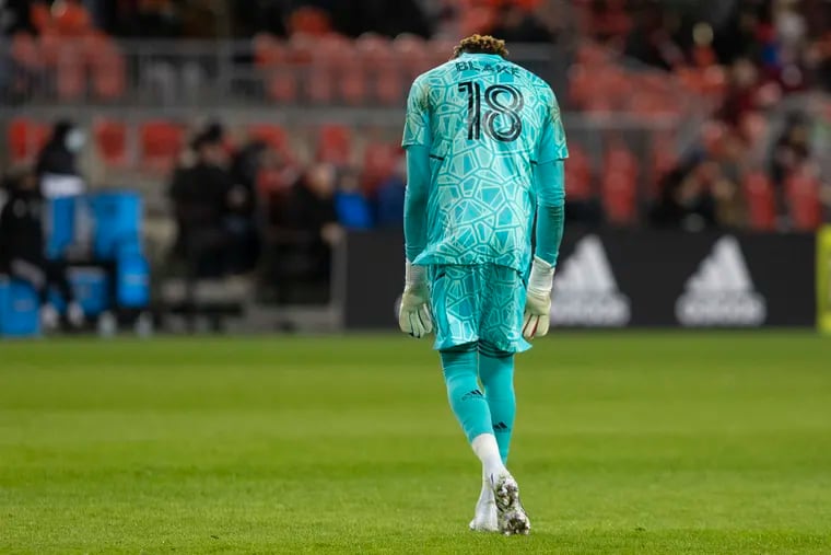 Union goalkeeper Andre Blake laments one of the goals he let in during Saturday's 2-1 loss at Toronto FC.