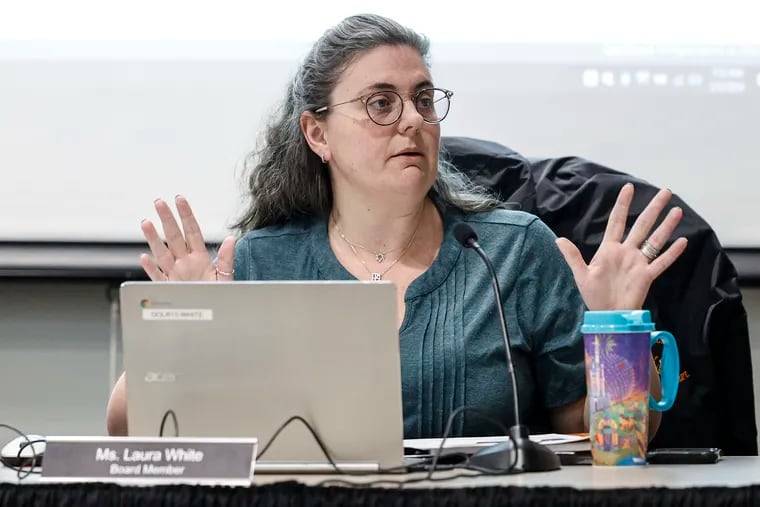 Perkiomen Valley school board president Laura White, pictured during a February meeting, said this week that the board "came to a consensus" that the library policy is "what was appropriate for our school district.”