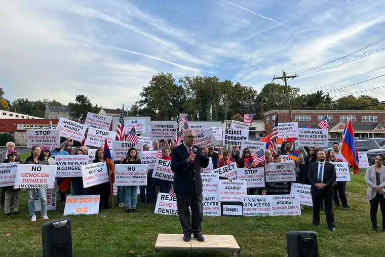 Aram Hamparian, Armenian National Committee of America executive director, speaks at a protest against Mehmet's Oz alleged failure to recognize the Armenian Genocide.