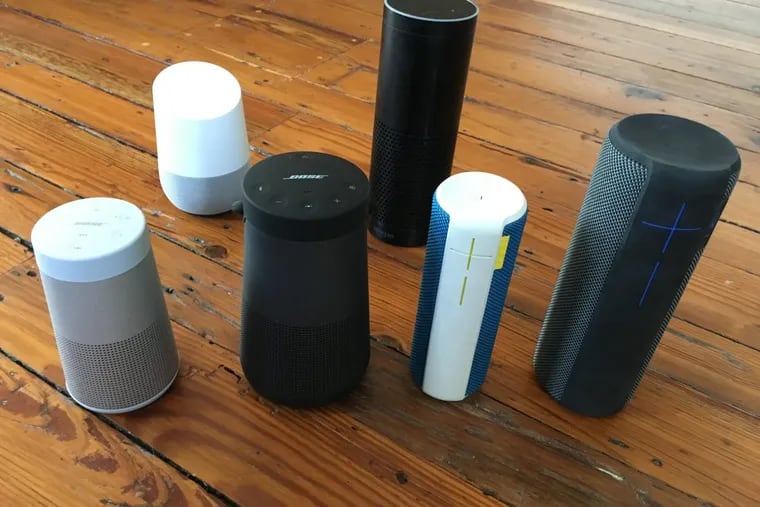 Round and Round we go: Cylindrical, 360 degree firing speakers are bringing the music where you are. Shown in the front row (from left) – Bose Revolve and Revolve +, UE Boom 2 and Megaboom. Back row: Google Home and Amazon Echo.