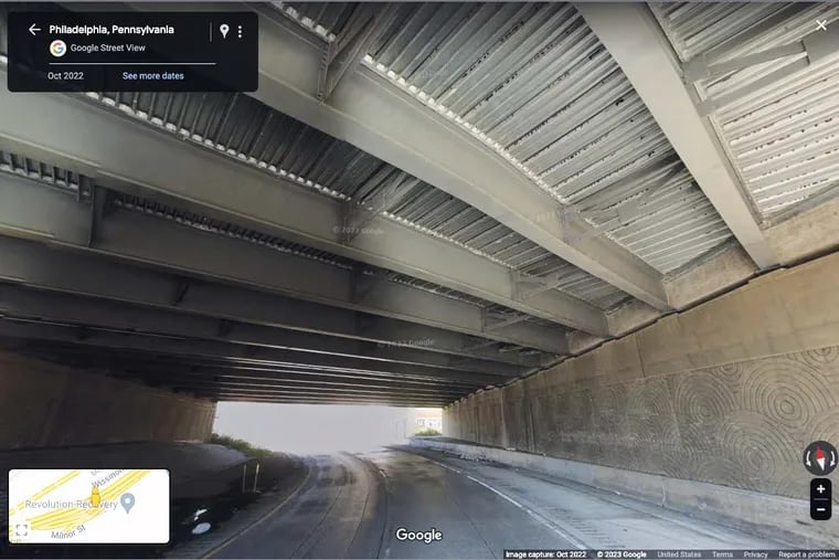 Google Street View screen shot of the underside of the I-95 northbound exit at Cottman Avenue, showing the girders supporting the bridge that collapsed on Sunday, June 11.