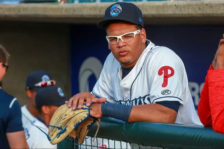Phillies prospect Jhailyn Ortiz in the Lakewood dugout.