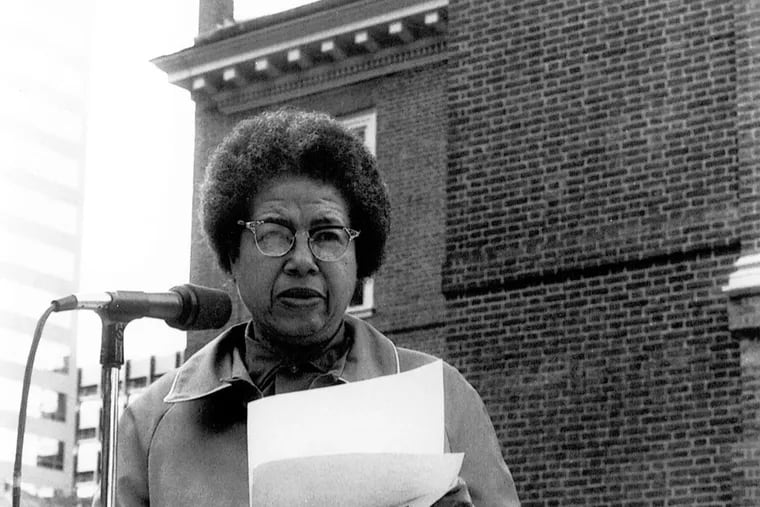 Anita Cornwell speaking at the (Chief Justice Warren E.) Burger Roast in 1987 at 5th and Chestnut Streets.