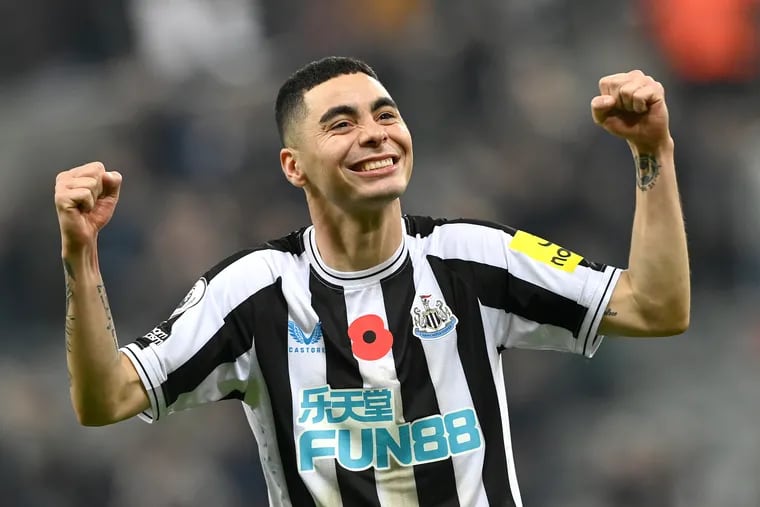 Miguel Almirón celebrates one of Newcastle United's wins in the Premier League this season.