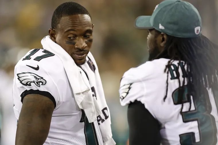 Eagles’ wide receiver Alshon Jeffery stands with running back LeGarrette Blount on the sidelines against the Green Bay Packers in a preseason game at Lambeau Field in Green Bay WI on Thursday, August 10, 2017.