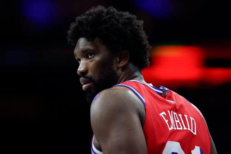 Sixers center Joel Embiid against the New York Knicks in Game 4 of the first round NBA Eastern Conference playoffs on Sunday, April 28, 2024 in Philadelphia.