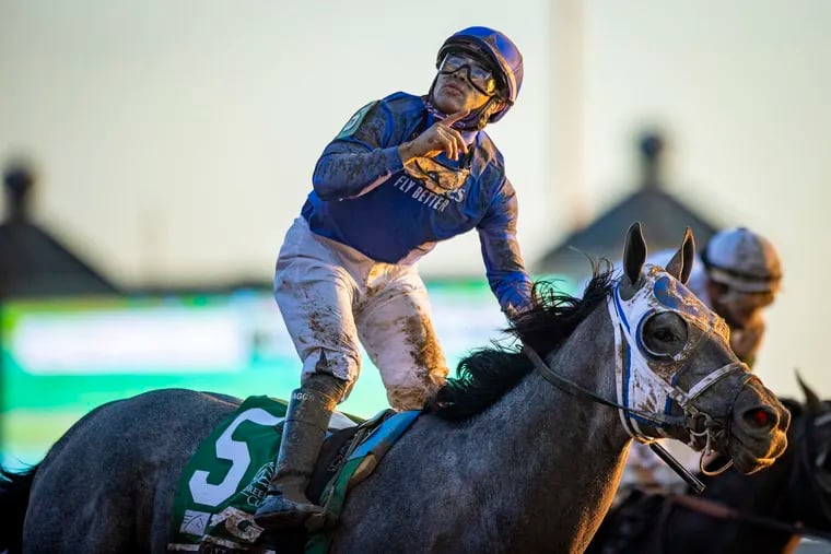 Essential Quality, with Louis Saez up, celebrates winning the Breeders Cup Juvenile in November. Saez is hoping for a better result at this year's Kentucky Derby than he had in 2019 when he was aboard Maximum Security, which was disqualified for interference. It was the first time in Derby history the winner was DQ'd.