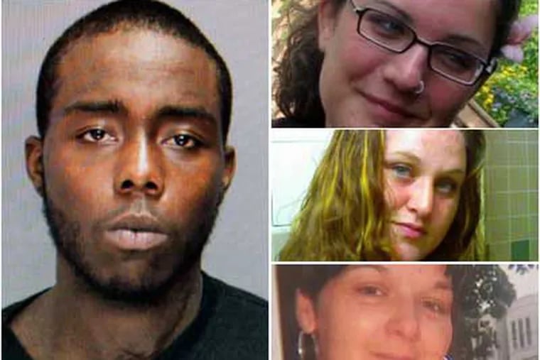 Authorities say Antonio Rodriguez, left, is linked by DNA to the sexual assaults and stranglings of three women in Kensington.  Right, top to bottom: Elaine Goldberg, from family photo, Casey Mahoney, from Facebook, and Nicole Piacentini, courtesy NBC10.