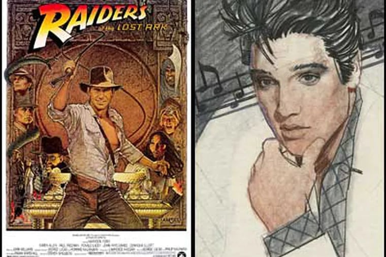 Richard Amsel produced iconic images such as the movie poster for "Raiders of the Lost Ark" (left) and an illustration of Elvis Presley for the cover of "TV Guide" (right).