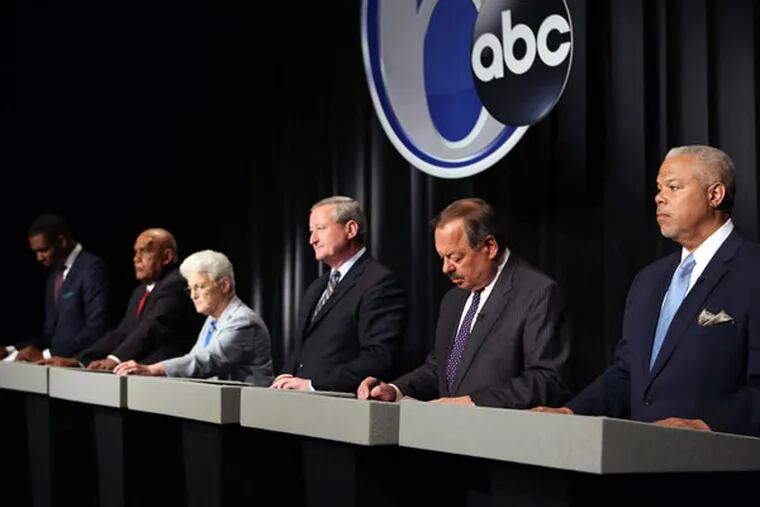 Mayoral candidates (from left) Doug Oliver, Milton Street, Lynne Abraham, Jim Kenney, Nelson Diaz and Anthony Hardy Williams square off in the televised debate. (STEPHANIE AARONSON / STAFF PHOTOGRAPHER)