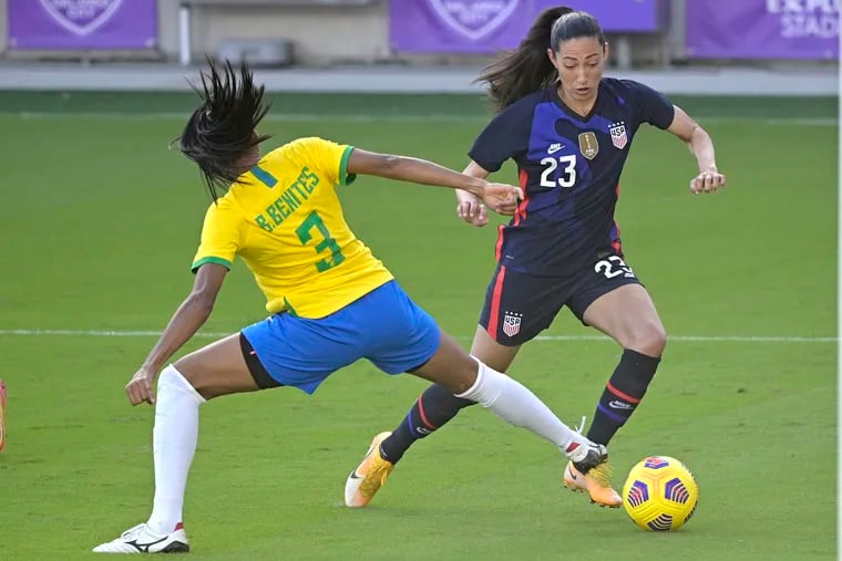 Christen Press, right, on the ball during the United States' win over Brazil.