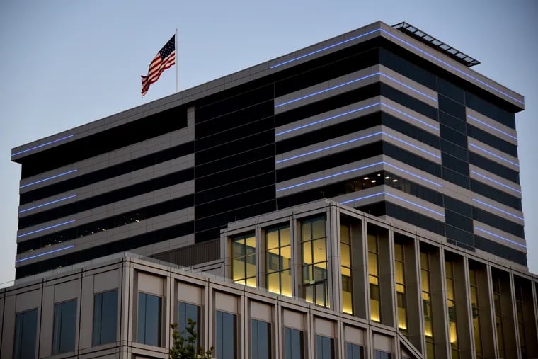 The One Water Street headquarters of American Water (front) on the Camden waterfront on July 2, 2019.  Behind it is the 18-story headquarters for Conner Strong & Buckelew, the insurance brokerage led by George Norcross, and two other companies.