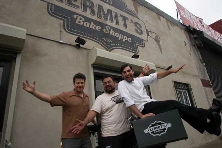 Owner Adam Ritter, chef Brian Lofink and pastry chef Chad Durkin ham it up outside Kermit's Bake Shoppe in South Philadelphia on Tuesday, May 28, 2013.