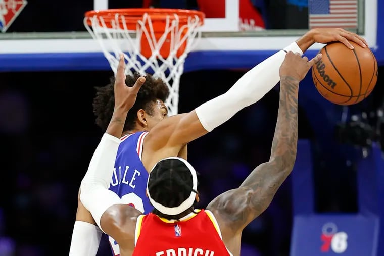 Sixers guard Matisse Thybulle blocks the shot attempt by Atlanta Hawks forward and former Westtown School standout Cam Reddish during the second quarter of Saturday's game.