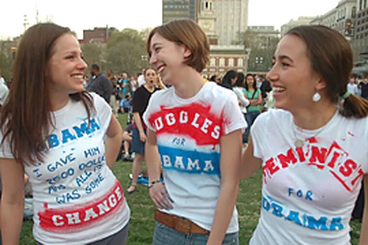 Widener University grad students Michal Naisteter, Danielle Ruggles and Brianna Booth wore handmade t-shirts showing their support of Sen. Barack Obama at his Independence Mall rally. (Sarah J. Glover/Inquirer)